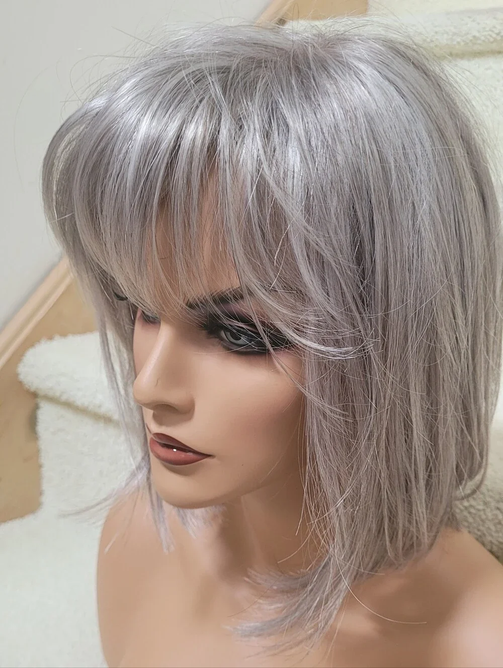 Silver Short Layered Wig with Bangs - Women Hair Smoke & Pet Free Home